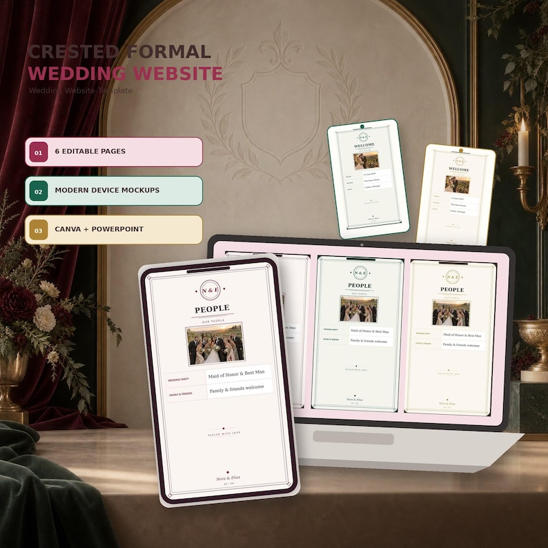 Crested Formal wedding website template in Canva, Burgundy Pearl colorway