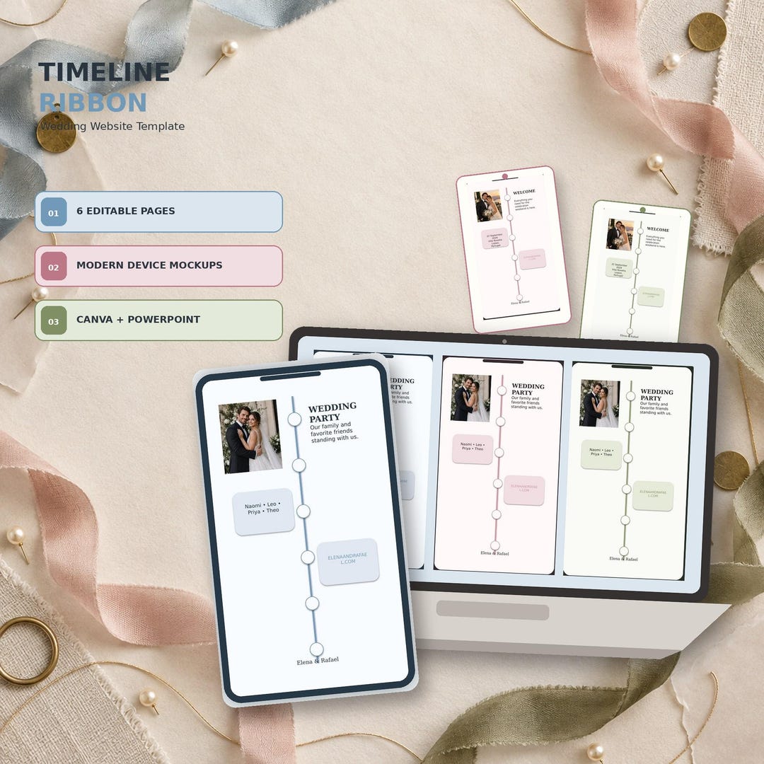Timeline Ribbon wedding website template shown on desktop and mobile