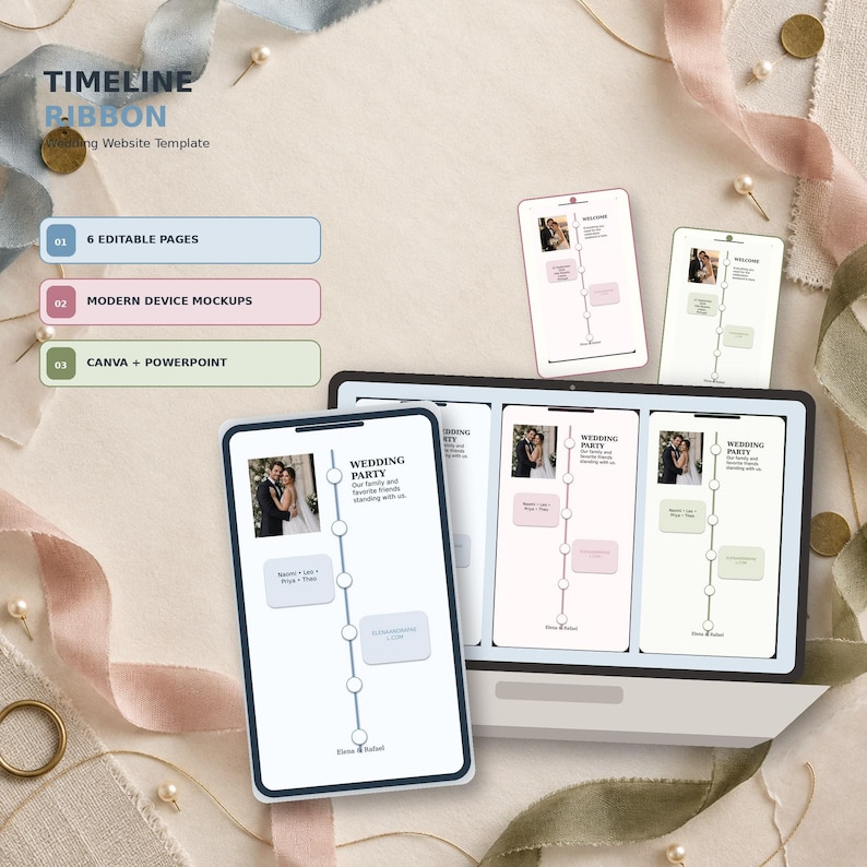 Timeline Ribbon wedding website template in Canva, Olive Line colorway
