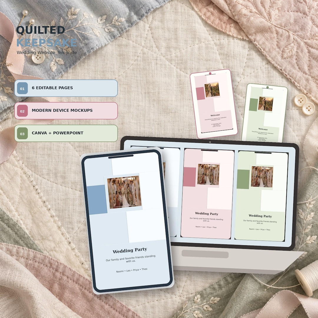 Quilted Keepsake wedding website template shown on desktop and mobile
