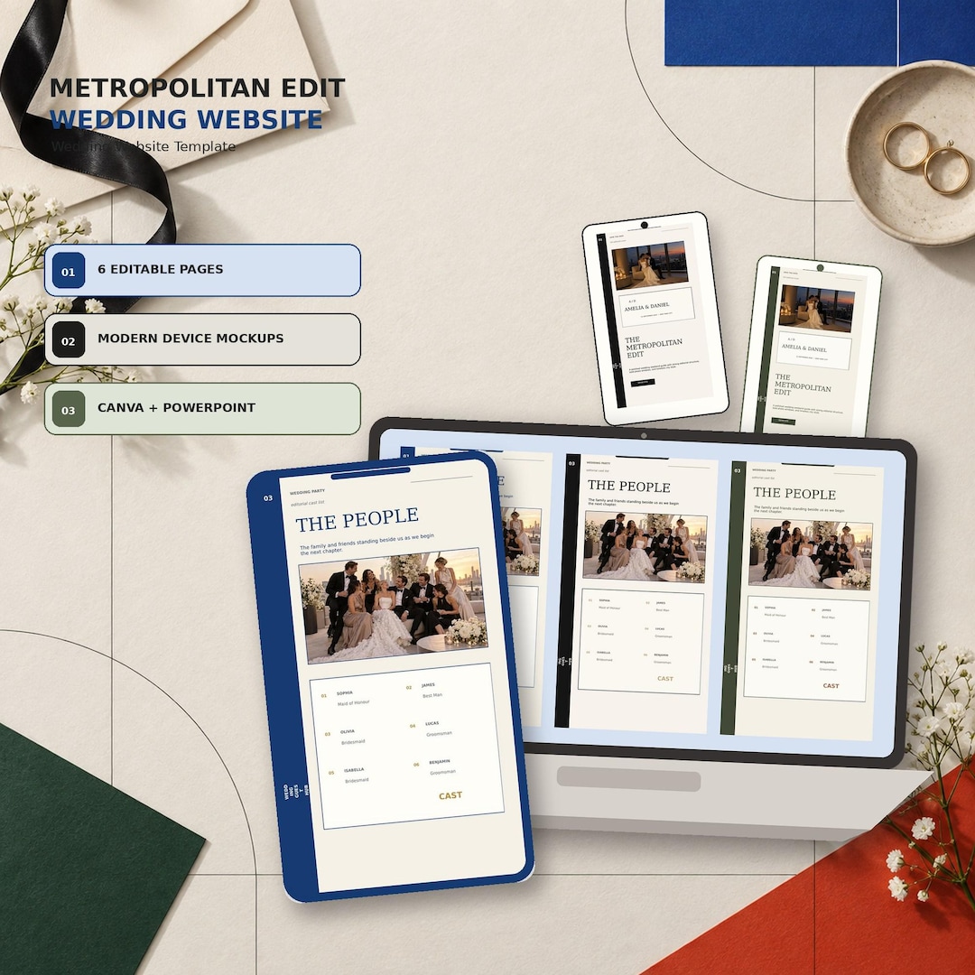 Metropolitan Edit wedding website template shown on desktop and mobile