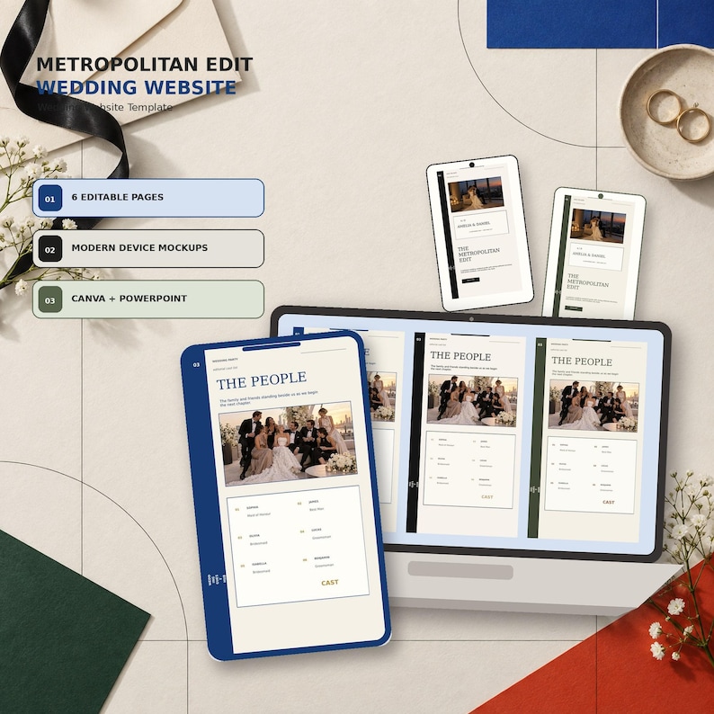 Metropolitan Edit wedding website template in Canva, Ink Pearl colorway