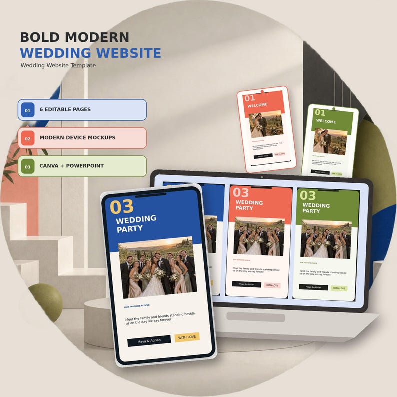 Bold Modern wedding website template in Canva, Cobalt Cream colorway