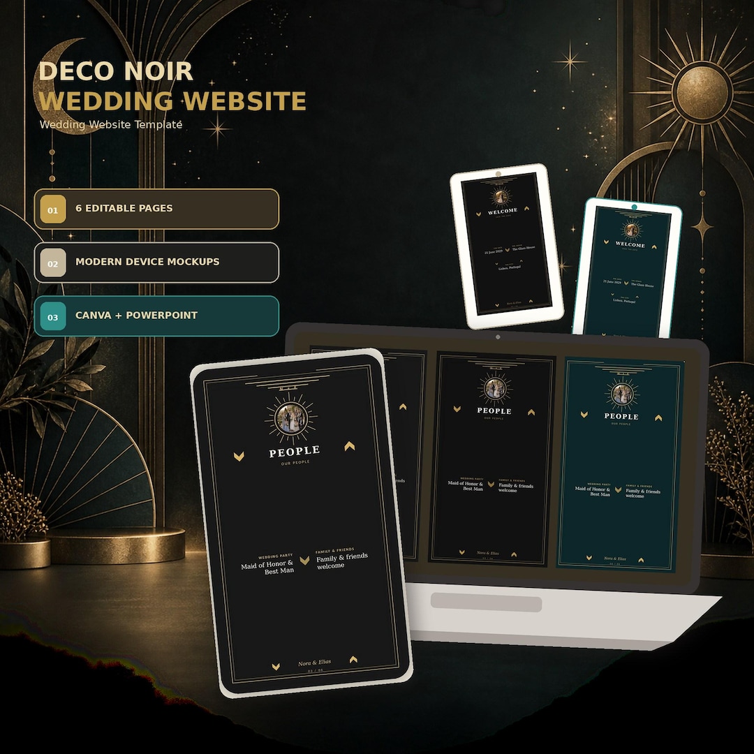 Deco Noir wedding website template shown on desktop and mobile
