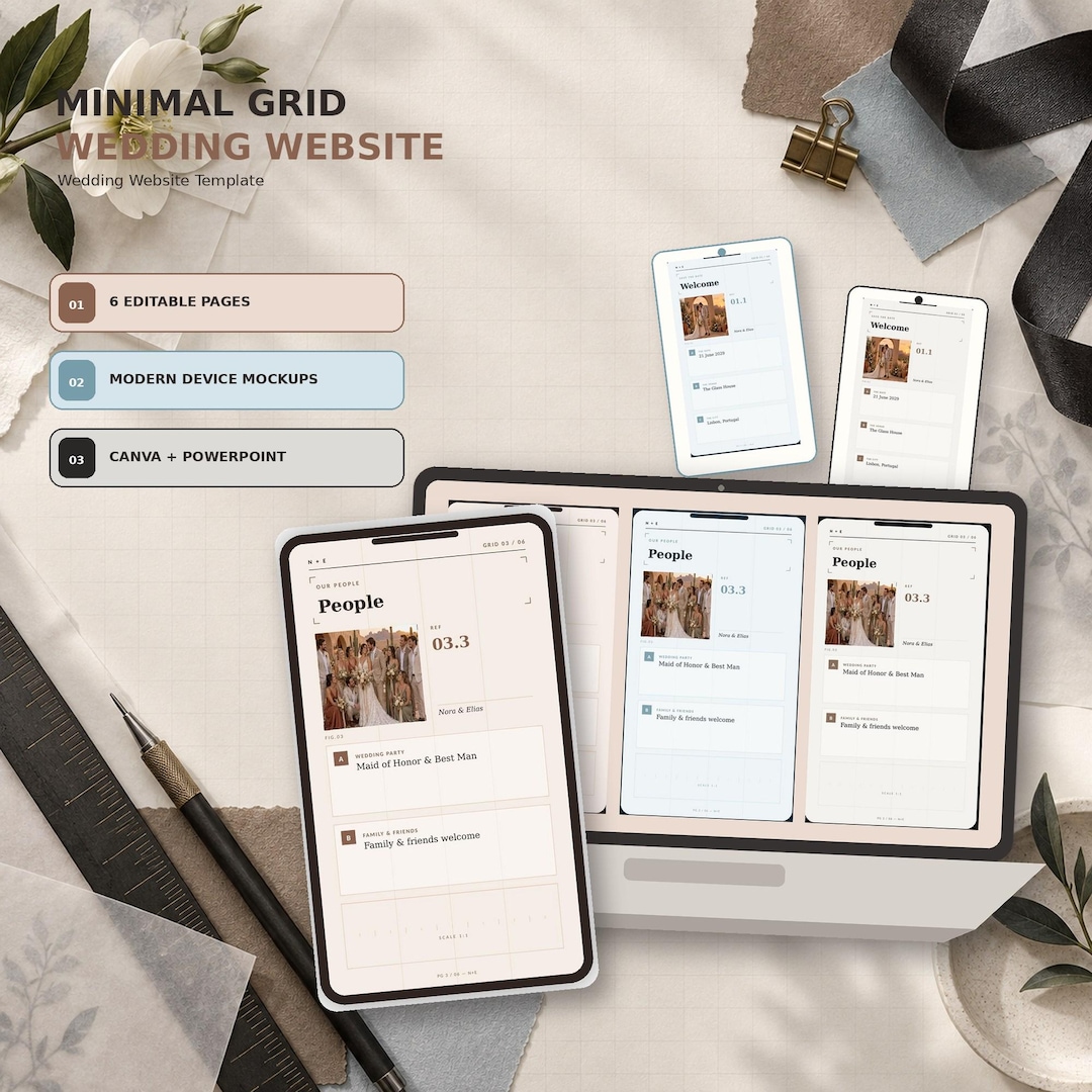 Minimal Grid wedding website template shown on desktop and mobile