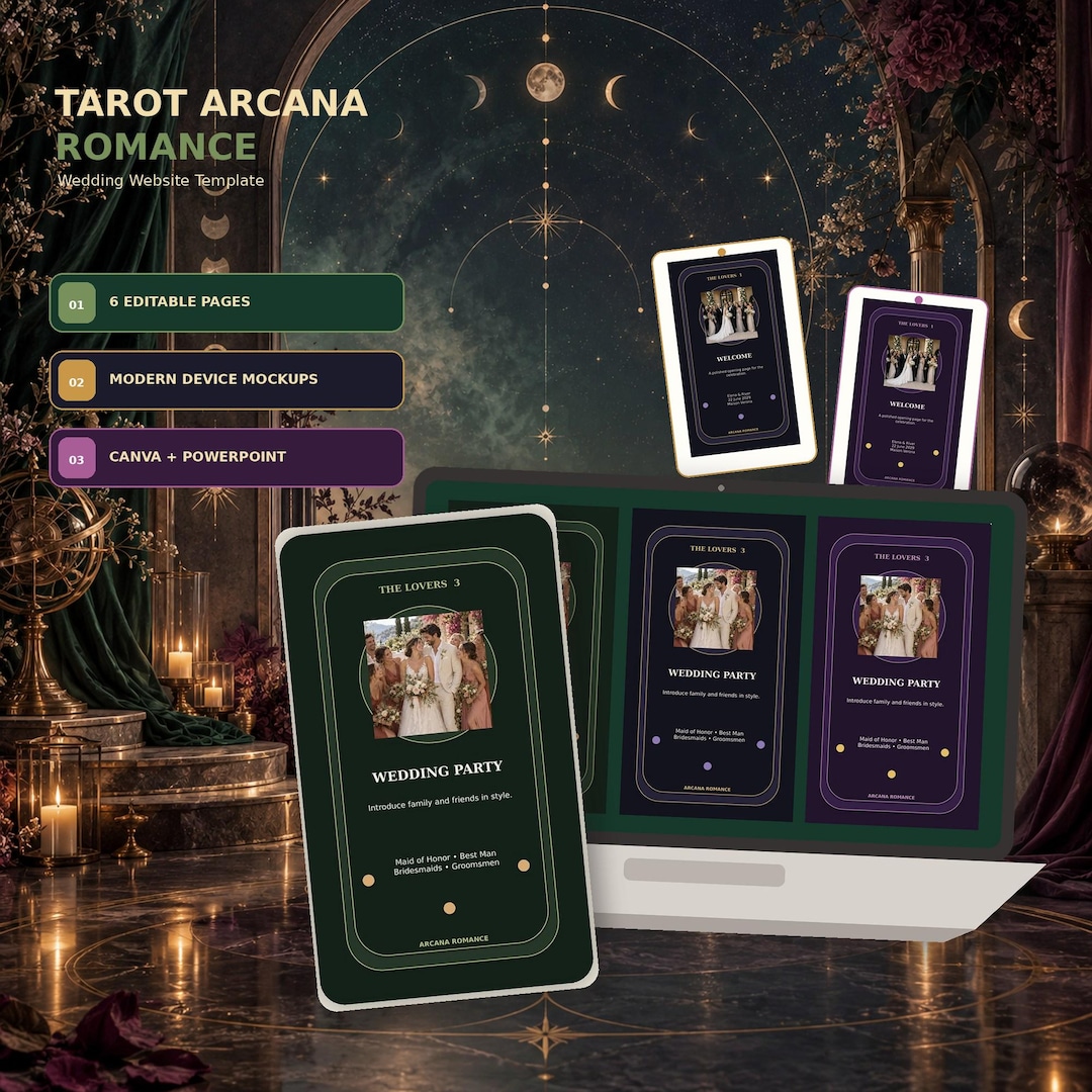 Tarot Arcana Romance wedding website template shown on desktop and mobile