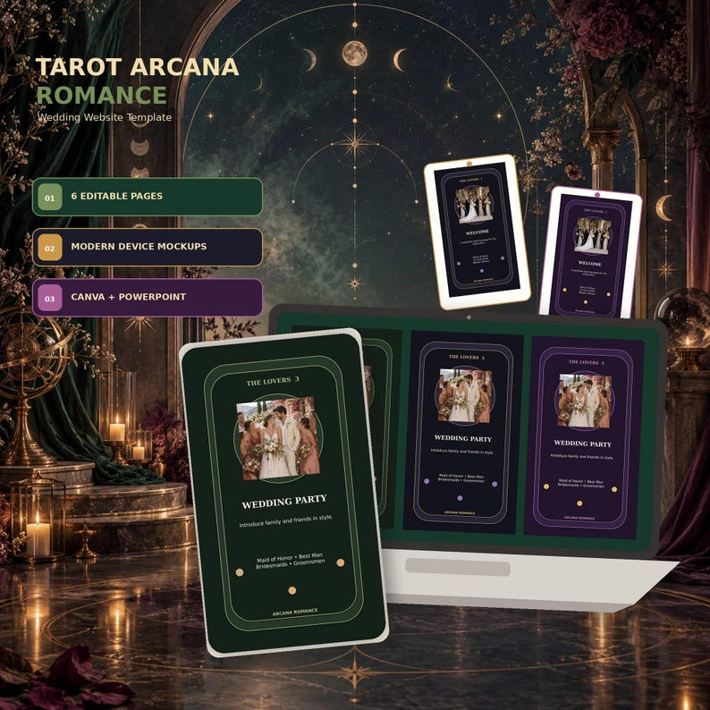 Tarot Arcana Romance wedding website template in Canva, Plum Oracle colorway