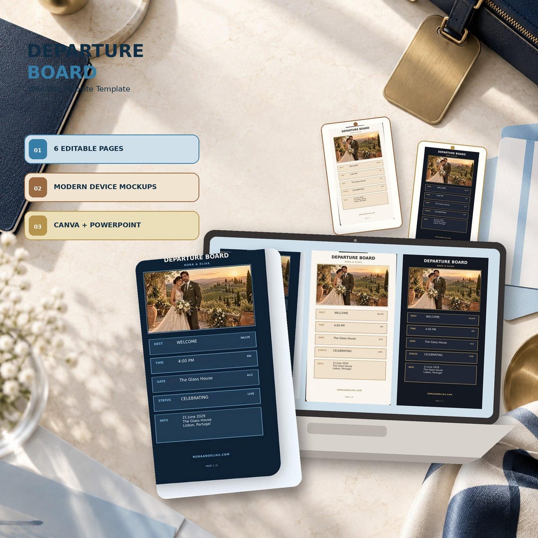 Departure Board wedding website template shown on desktop and mobile