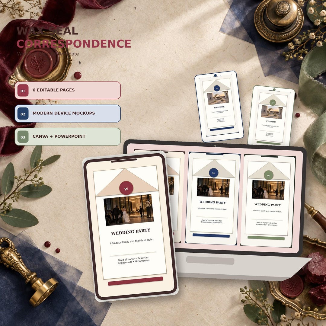 Wax Seal Correspondence wedding website template shown on desktop and mobile
