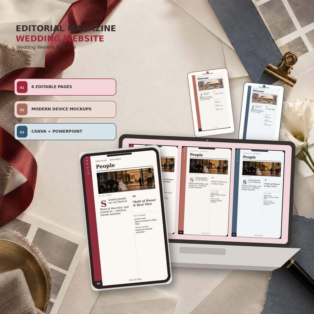 Editorial Magazine wedding website template shown on desktop and mobile