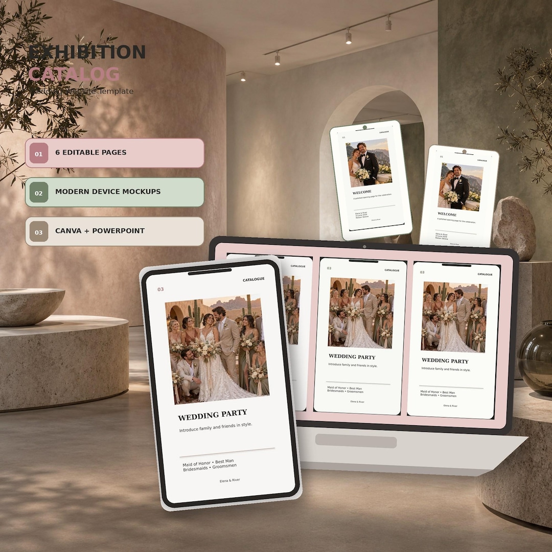 Exhibition Catalog wedding website template shown on desktop and mobile