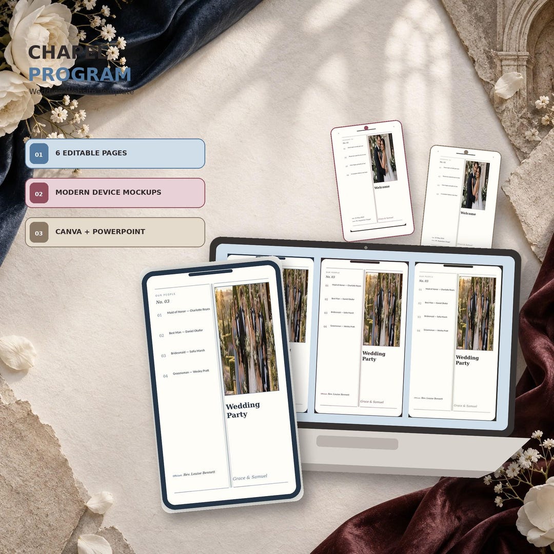 Chapel Program wedding website template shown on desktop and mobile