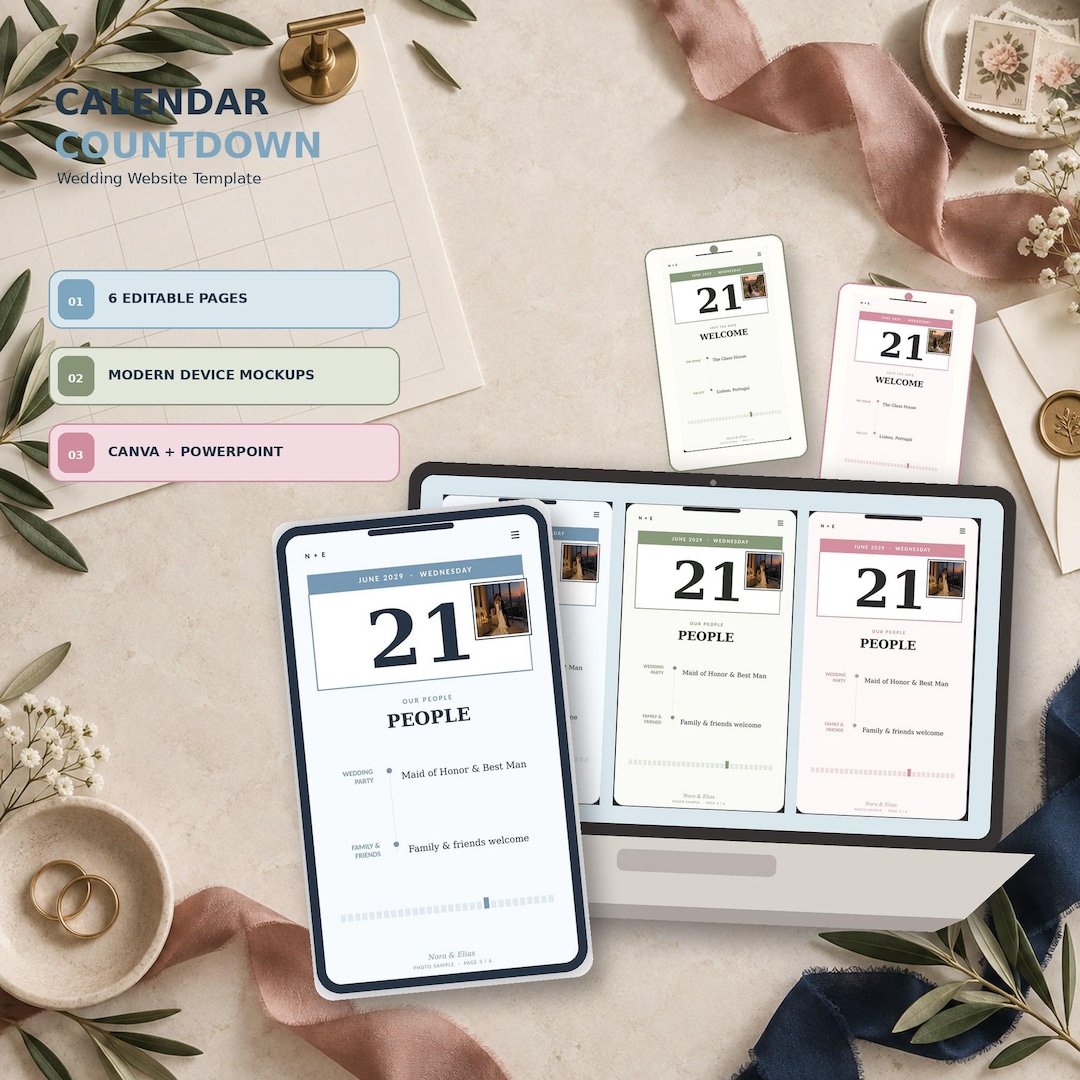 Calendar Countdown wedding website template shown on desktop and mobile