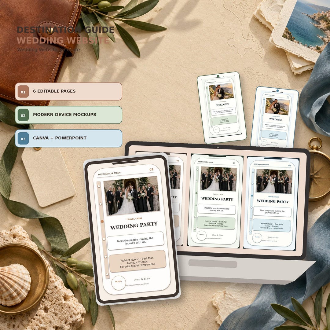 Destination Guide wedding website template shown on desktop and mobile