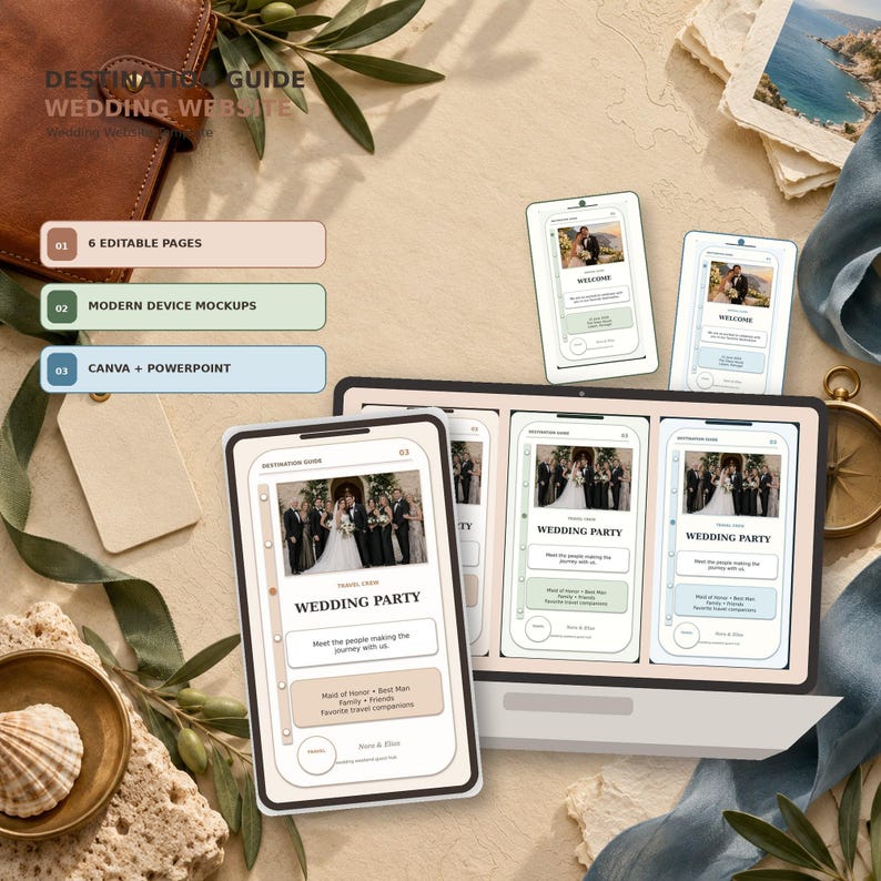 Destination Guide wedding website template in Canva, Clay Passport colorway