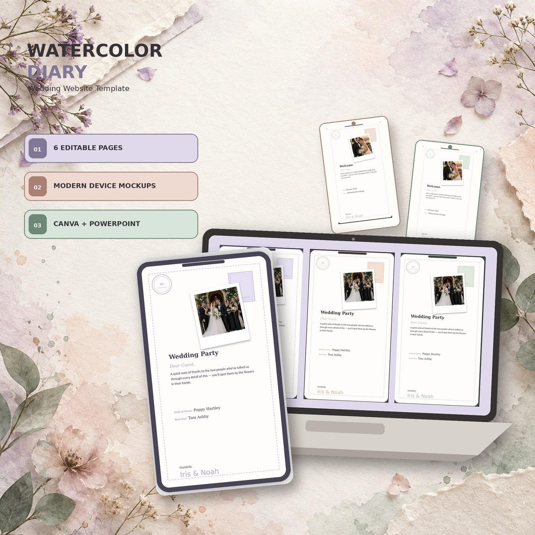 Watercolor Diary wedding website template shown on desktop and mobile