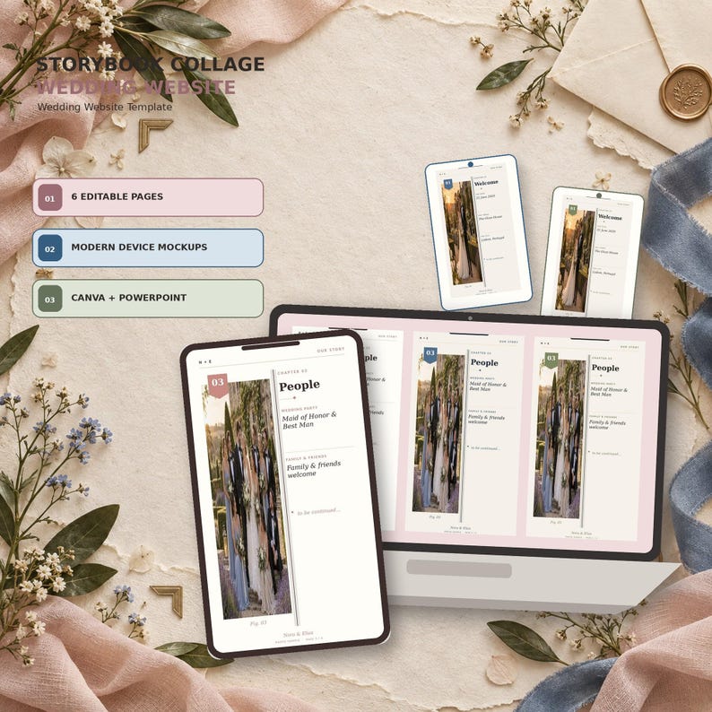 Storybook Collage wedding website template in Canva, Denim Cream colorway