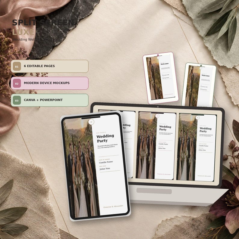 Split Screen Luxe wedding website template in Canva, Ivory Black colorway