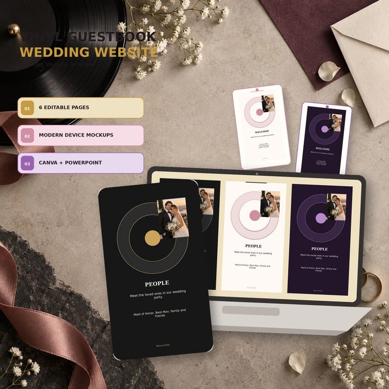 Vinyl Guestbook wedding website template in Canva, Black Gold colorway