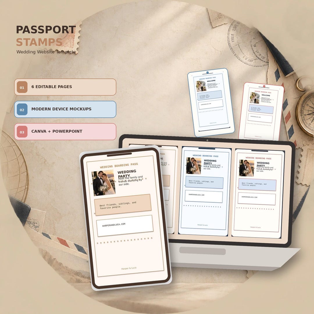 Passport Stamps wedding website template shown on desktop and mobile