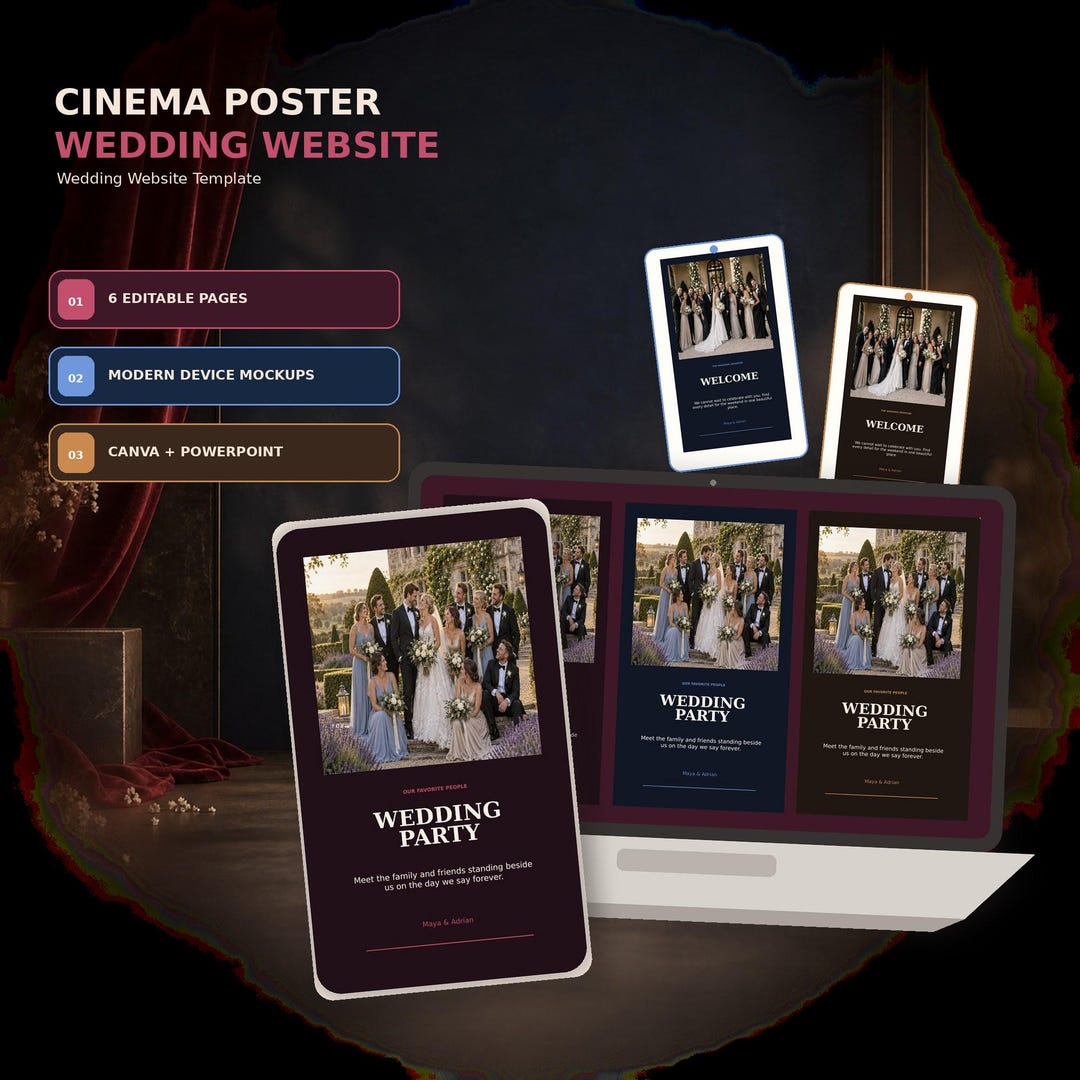 Cinema Poster wedding website template shown on desktop and mobile