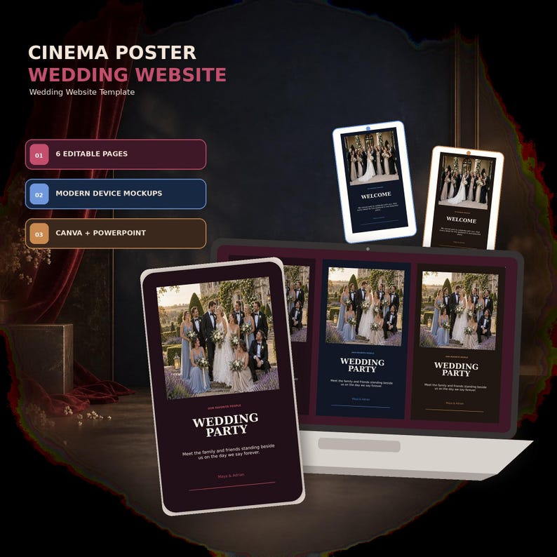 Cinema Poster wedding website template in Canva, Sapphire Film colorway