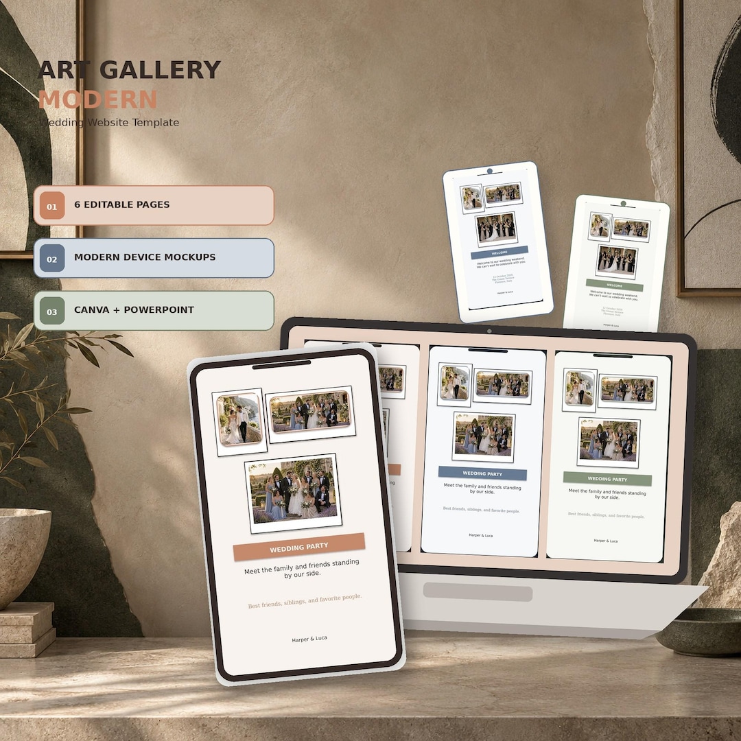 Art Gallery Modern wedding website template shown on desktop and mobile