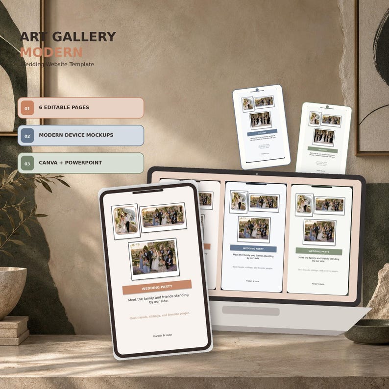 Art Gallery Modern wedding website template in Canva, Ink Stone colorway