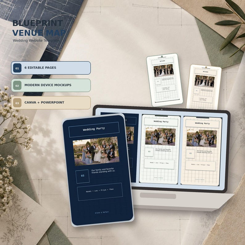Blueprint Venue Map wedding website template in Canva, Ink Blueprint colorway