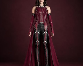 May include: A dark red sleeveless bodice with a high collar and matching long arm sleeves, paired with black fitted trousers featuring silver accents. A long, floor-length dark red skirt overlay is attached at the waist, creating a layered look.
