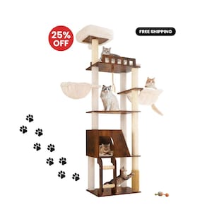 May include: A multi-level cat tree featuring dark wood platforms, cream-colored fabric perches, and sisal-wrapped scratching posts. The structure includes a cubby house, a hanging rope toy, and several platforms occupied by cats. Text reads 25% OFF.