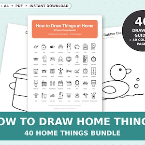 How to Draw Things at Home for Kids, 40 Step-by-Step Drawing Guides, Kitchen Bedroom Bathroom Living Room, Coloring Pages Bundle PDF