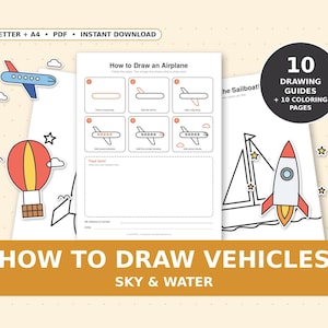 May include: A digital drawing guide titled How to Draw Vehicles Sky & Water featuring 10 drawing guides and 10 colouring pages. The central sheet shows a step-by-step tutorial on how to draw an aeroplane with orange and black line art illustrations.