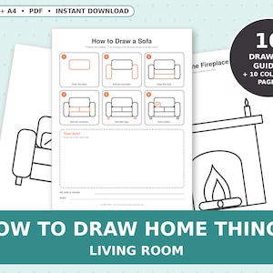 How to Draw Living Room Things for Kids, Step-by-Step Drawing Guides, Sofa TV Lamp Bookshelf, Household Objects Coloring Pages PDF