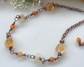 Raw Citrine Nuggets and Matte Citrine Wheels with Carnelian Gemstones Wirewrapped Handmade Rustic Copper Boho Choker Necklace