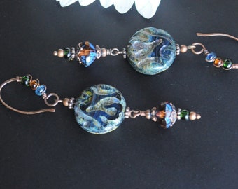 Blue and Amber Czech Glass Handmade Dangle Boho Earrings