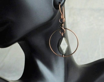 Copper Hoop Earrings Silver Toned Golden Pyrite Gemstone Handmade