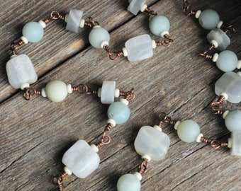 Amazonite Moonstone Gemstone and Copper Continuous Beaded Chain Necklace