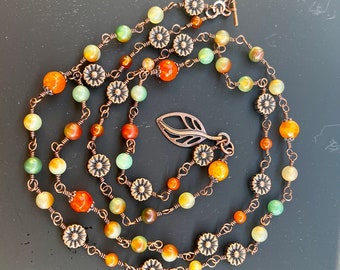 Autumn Agate Carnelian and Copper Handmade Wire Wrapped Gemstone Double Chain Boho Necklace