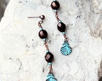 Bronze and Blue Czech Glass with Greek Patina’d Conch Shell Bird Fish Star Sea Shell Boho Handmade Dangle Earrings