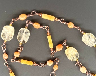 Citrine, Yellow Calcite & Sunstone Gemstones  Copper Hand Wire Wrapped Rustic Boho Beaded Chain Necklace