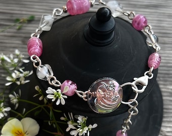 Pink & White Vintage Glass with Handmade Vintage Button Clasp in Sterling Silver