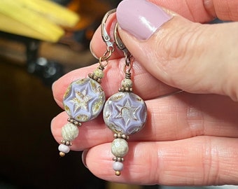 Purple Czech Glass Jasper Gemstone and Copper Handmade Boho Drop Earrings