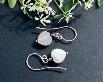 Faceted Moonstone Hearts Hand Wire Wrapped in Oxidized Sterling Silver Drop Earrings