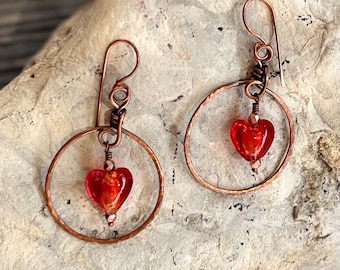 Hammered Handmade Copper Hoop Earrings with Vintage Lampwork Red Glass Hearts