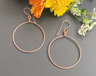 Simple Lightly Hammered Handmade Large Copper Hoop Boho Earrings