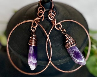 Hammered Handmade Copper Hoop Earrings with Amethyst Gemstone Dangles