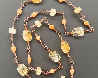 Raw Citrine Sunstone & Copper Rustic Handmade Boho Wirewrapped Continuous Beaded Necklace