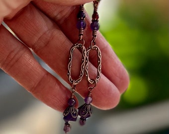 Amethyst Handmade Gemstone & Copper Boho Dangle Earrings