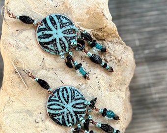 Artisan Tribal Enameled Discs with Vintage Glass Handmade Blue & Black Boho Hippie Dangle Earrings